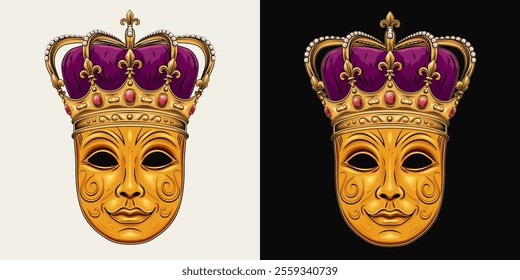 Carnival golden venetian face mask with imperial crown with red gemstones ruby, pearls, fleur de lis sign on points, purple velvet. Detailed illustration in vintage style. Front view.