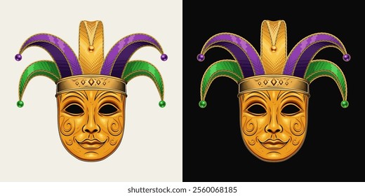 Carnival golden venetian face mask with jester tomfool hat. Mardi gras themed detailed illustration in vintage style. Front view.