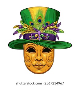 Carnival golden venetian face mask with Mardi Gras tall top hat with belt, band with fleur de lis pins, bunch of feathers. Festival masquerade accessories. Detailed illustration in vintage style