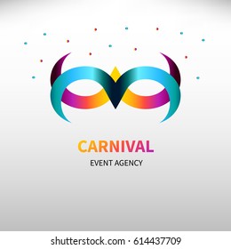 Carnival gradient mask with confetti isolated. Logo event agency. Icon card for masquerade. Vector illustration