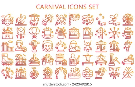 Carnival gradient outline icon set. contain carousel, confetti, mask, magician hat, fireworks and more. best for UI or UX kit, web and app development. vector EPS 10.