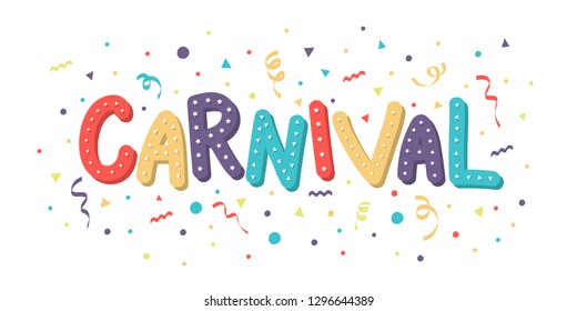Carnival greeting card with colorful confetti and confetti. Vector