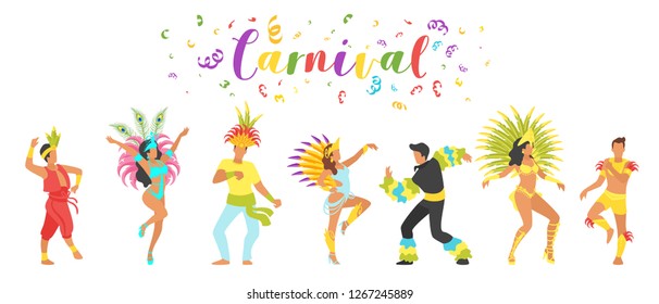 Carnival group of dancing people silhouettes in traditional festive clothes with feathers isolated on white background. Vector illustration. 