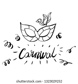 Carnival hand drawn lettering and mask for Brasil carnaval, Mardi Gras, Spain carnival masquerade festival concept for celebration template poster, banner, logo, icon, printing. Vector isolated