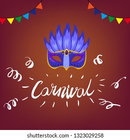 Carnival hand drawn lettering and mask for Brasil carnaval, Mardi Gras, Spain carnival masquerade festival concept for celebration template poster, banner, logo, icon, printing. Vector isolated