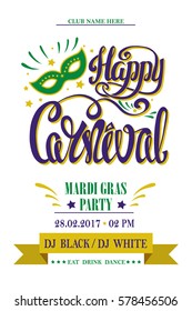 Carnival hand drawn lettering ,mask.Mardi gras invitation.Greeting card, party invitation, banner or flyer. Carnival in Rio, Brazil,Venice.Mardi Gras festival, holiday