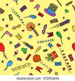 Carnival hand drawn seamless pattern - carnival masks, party decorations. Colored vector illustration on yellow background.