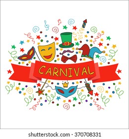 Carnival hand drawn symbols collection - carnival mask, party decorations. Mardi gras vector. Mardi gras, Purim, Carnaval, Fastnacht. Carnival decorative elements. Carnival vector. Carnival set vector