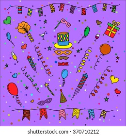 Carnival hand drawn symbols collection - carnival masks, party decorations. Vector illustration isolated colored on purple background.
