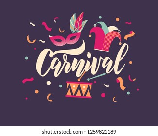 Carnival hand lettering text as banner, card, logo, icon, invitation template. Vector illustration with colorful party elements.