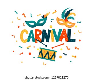 Carnival hand lettering text as banner, card, logo, icon, invitation template. Vector illustration with colorful party elements.