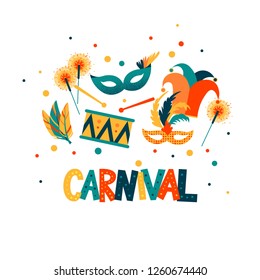 Carnival hand lettering text as banner, card, logo, icon, invitation template. Vector illustration with colorful party elements.