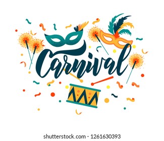 Carnival hand lettering text as banner, card, logo, icon, invitation template. Vector illustration with colorful party elements.