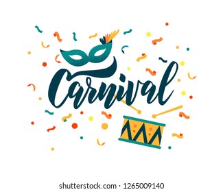 Carnival hand lettering text as banner, card, logo, icon, invitation template. Vector illustration with colorful party elements.