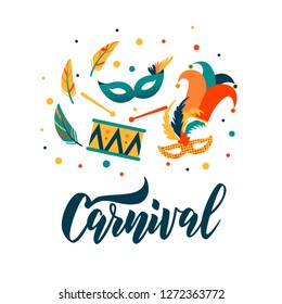 Carnival hand lettering text as banner, card, logo, icon, invitation template. Vector illustration with colorful party elements.