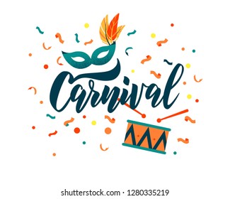 Carnival hand lettering text as banner, card, logo, icon, invitation template. Vector illustration with colorful party elements. Carnival hand lettering text as banner, card, logo, icon, invitation template. Vector illustration with colorful party elements.