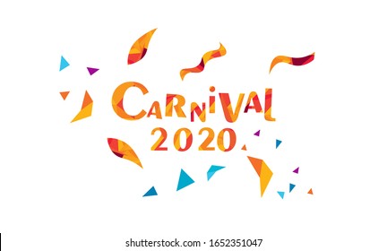 Carnival hand lettering text as banner, card, logo, icon, invitation template. Vector illustration with colorful party elements.