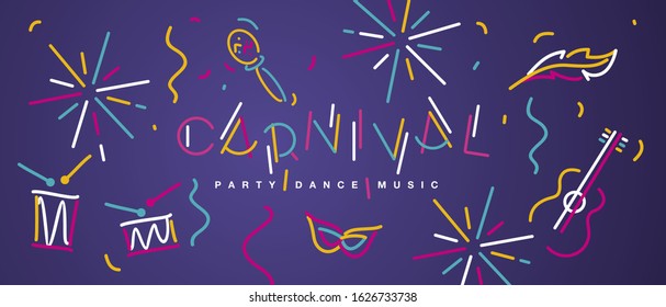 Carnival handwritten typography colorful logo dance music carnival elements isolated purple background