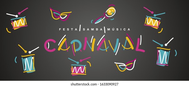 Carnival handwritten typography colorful logo party samba music Portuguese language carnival elements black background