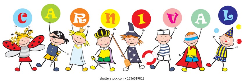 Carnival, happy kids and masks, vector illustration on white background. Group of little girls and boys with balls with text.