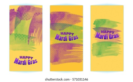 Carnival Happy Mardi Gras Gard Templates set in purple, green and yellow, for party poster, app, banner. Vector wallpaper with text