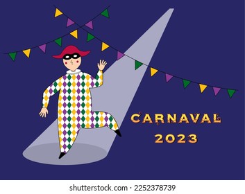 Carnival, harlequin in colorful diamond costume, black mask and red hat, dancing under the light of a spotlight
