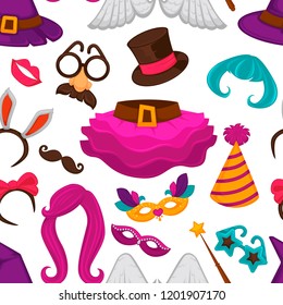 Carnival hat and accessories, wig and skirt seamless pattern