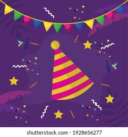 carnival hat with banner pennant and confetti design, Party decoration celebration and festival theme Vector illustration