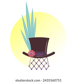 Carnival hat cylinder with blue feathers. Masquerade headdress. Flat vector illustration.