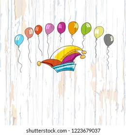 Carnival heat and balloons on wooden background. Vector illustration drawn by hand.