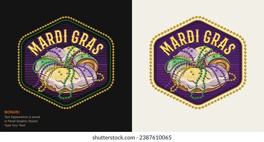 Carnival hexagonal Mardi Gras label like signboard with traditional king cake, string of beads, text. For prints, clothing, t shirt, surface design Vintage illustration with editable font style Not AI