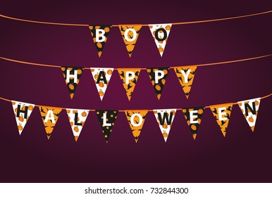 Carnival for holiday with flags of Garland. Festive pattern.  Letters boo Happy Halloween. Vector. The concept of an invitation to a party. Empty space for text or advertising
