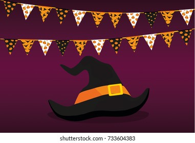 Carnival for the holiday with the flags of Garland and the hat of the witch. Festive drawing. Letters Happy Halloween. Vector. The concept of an invitation to a party.