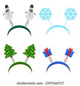 Carnival hoop on the head. For Christmas, festival, party, holidays costume. The attribute of costume. Cartoon headband with gift box, Christmas tree, snowman, snowflakes.