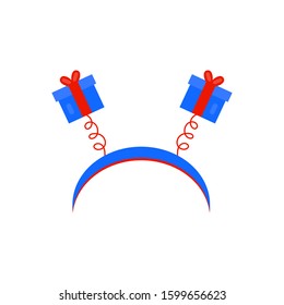 Carnival hoop on the head. Outline vector box isolated on white background. For Christmas, festival, party, holidays costume. Attribute of costume. Cartoon hair hoop with gift box.