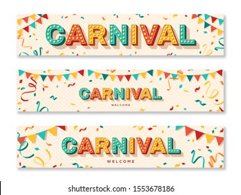 Carnival horizontal banners with typography design. Vector illustration. Retro light bulbs font, streamers, confetti and hanging flag garlands.