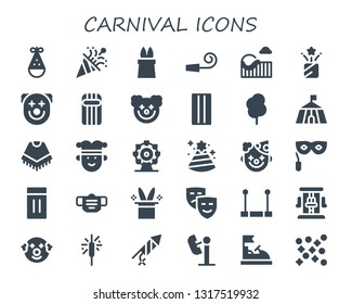 carnival icon set. 30 filled carnival icons.  Simple modern icons about  - Party hat, Confetti, Magic, Party whistle, Roller coaster, Clown, Inflatable, Cotton candy, Circus, Poncho