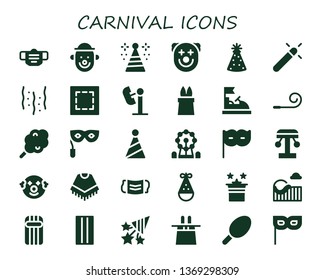 carnival icon set. 30 filled carnival icons.  Collection Of - Mask, Clown, Party hat, Magic, Confetti, Marquee, Amusement park, Bumper car, Party blower, Cotton candy, Eye mask
