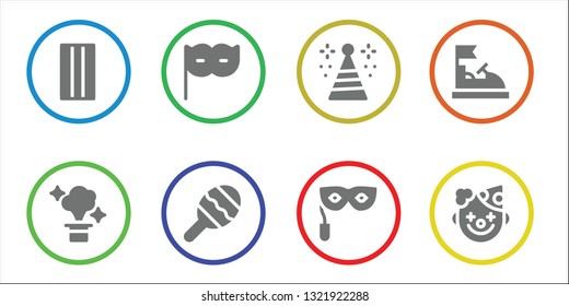 carnival icon set. 8 filled carnival icons.  Simple modern icons about  - Inflatable, Magic, Eye mask, Maraca, Party hat, Bumper car, Clown