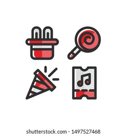 Carnival Icon Set , Bunny Hat , Rabbit, Lollipop, Confetti , Popper, Concert Ticket  , Vector Illustration