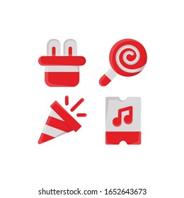 Carnival Icon Set With Bunny Hat , Rabbit, Lollipop, Confetti , Popper & Concert Ticket, Vector Illustrations