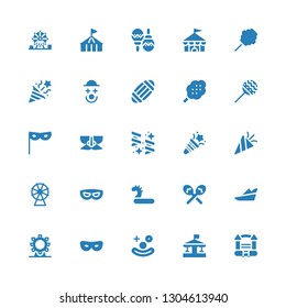 carnival icon set. Collection of 25 filled carnival icons included Bouncy castle, Carousel, Clown, Mask, Ferris wheel, Robin hood, Maracas, Inflatable, Confetti, Cotton candy