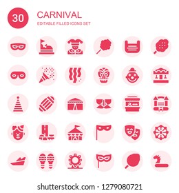 carnival icon set. Collection of 30 filled carnival icons included Mask, Bumper car, Joker, Cotton candy, Eye mask, Confetti, Mexican skull, Clown, Party hat, Masks, Circus, Fairground