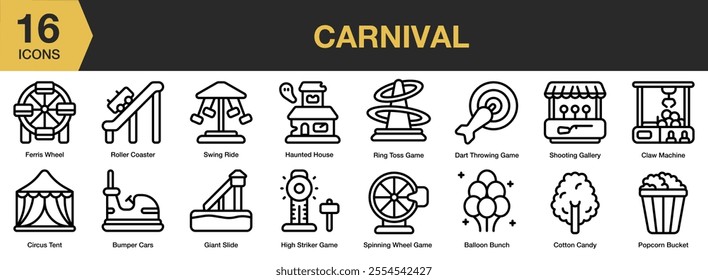 Carnival icon set. Includes ferris wheel, roller coaster, swing ride, shooting gallery, circus tent, and More. Outline icons vector collection.