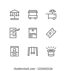 Carnival icon set including carousel, food cart, food stand, lever, claw machine, ticket, swing, circus
