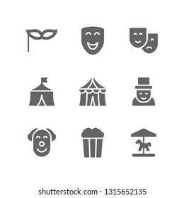 Carnival icon set including masquerade, mask, theater, circus, tent, magician, joker, popcorn, carousel