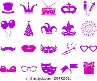 Carnival icon set, neon silhouette. Party, masquerade collection signs, symbols, isolated on white background. Vector illustration clip-art