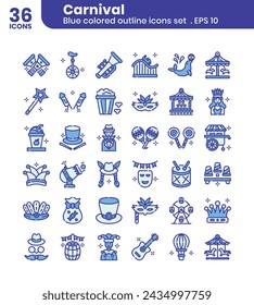 Carnival  icons bundle. Blue colored outline icon style.Vector illustration.