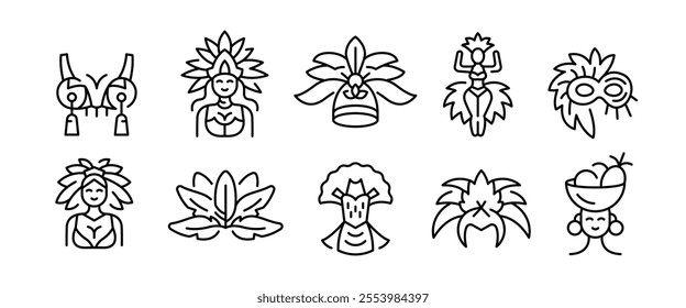 Carnival icons. Set of 10 carnival trendy minimal icons. Example: Mask, Dancer, Costume, Parrot, Cocktail icon. Design signs for web page, mobile app, packaging design. Vector illustration