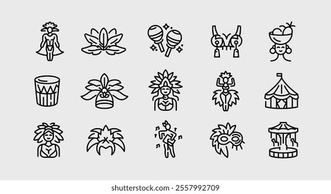 Carnival icons. Set of 15 carnival trendy minimal icons. Example: Mask, Dancer, Costume, Parrot, Cocktail icon. Design signs for web page, mobile app, packaging design. Vector illustration